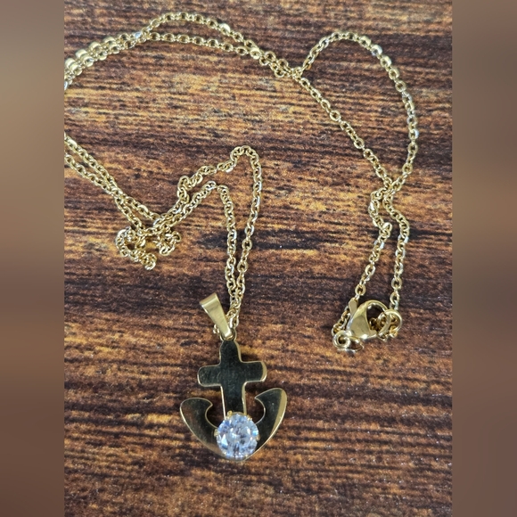 Goldtone Stainless Steel Anchor Pendant Necklace and Earrings Set - Picture 5 of 8